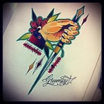 eredeti, világos és színes rajz egy késsel készült tetováláshoz