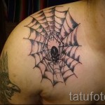 Pókháló tetoválás a vállán - a kulcscsonton egy pókkal és egy koponyával