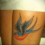 Fecske tetoválás térd fölött a lány lábán