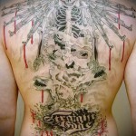 череп с автомати Калашникорва - татуировка за мъже на гърба снимка