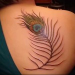 originalna tetovaža paunovog pera na leđima žene