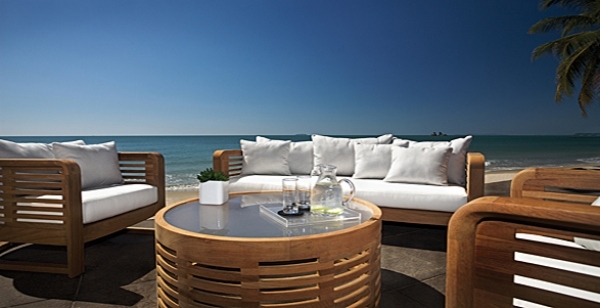 Obývacia zostava z teakového záhradného nábytku Vonkajšia sedacia súprava z teakového záhradného nábytku