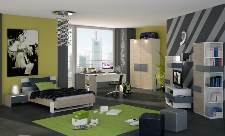 teenager izba chlapci nápad pruhy uhlopriečka tapeta zelený nábytok drevo