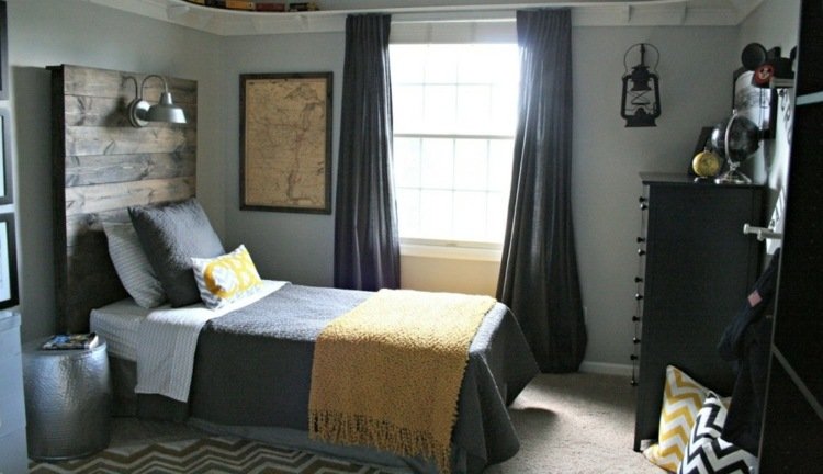 teenager izba šedá tmavá akcenty záclona čelo postele drevo