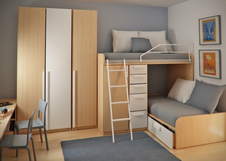 izba pre teenagerov, poschodová posteľ, rebrík, šatníková skriňa, denná posteľ