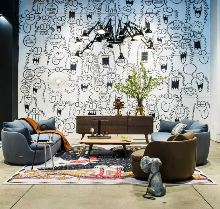 Obývacia časť s čalúneným nábytkom a farebným dizajnovým kobercom koberec-design-moooi-kvalita-obývačka-krajina-sedenie-moderné-svetlo-súčasné-couces-kreslo
