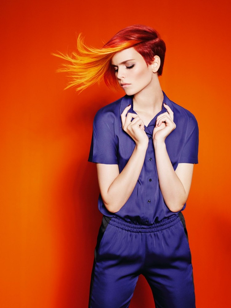 Účes Pixie s dlhou ofinou Tequila Sunrise farba vlasov