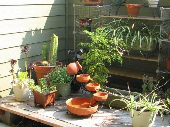 Nápady na dizajn balkóna pre záhradnú fontánu na terasu