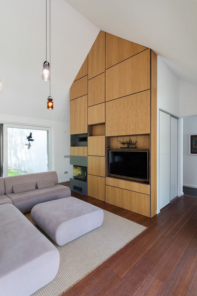 obývacia izba dizajn moderné tradičné prvky drevená priečka