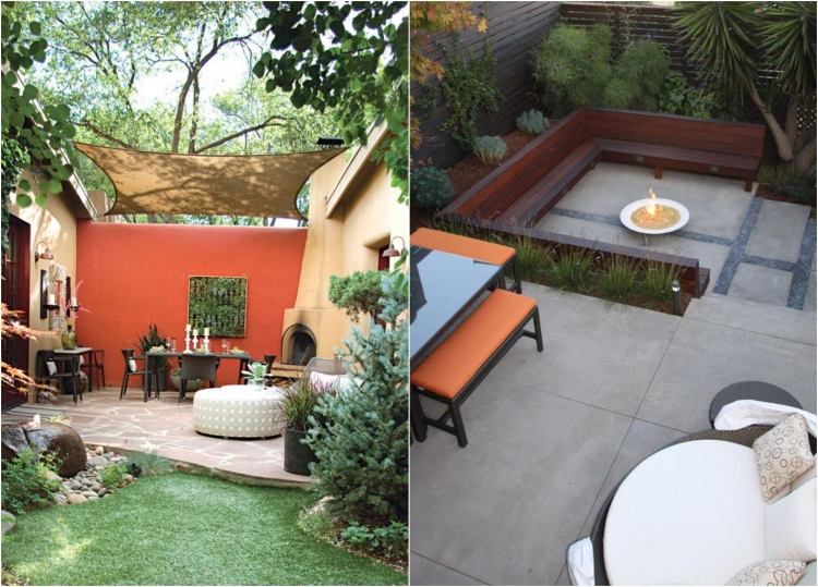 nápady-terasa-dizajn-obrázky-stredomorská-oranžová-akcent-stena-slnečná-plachta-ohnivá misa