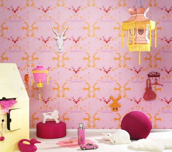 vzor tapety detská izba ružový žltý jeleň tapeta so vzorom škôlky ružovo žltá