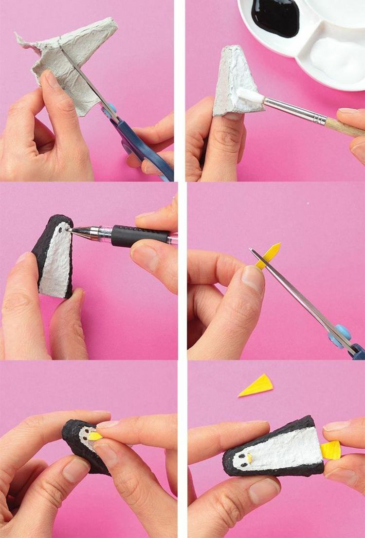 drotár s vajíčkovými krabičkami nápad-čierno-biele-tučniak-strihané lepidlo