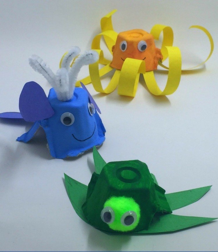 škatuľky drotárskych vajec-morské živočíchy-korytnačka-veľryba-chobotnica-papier-deti