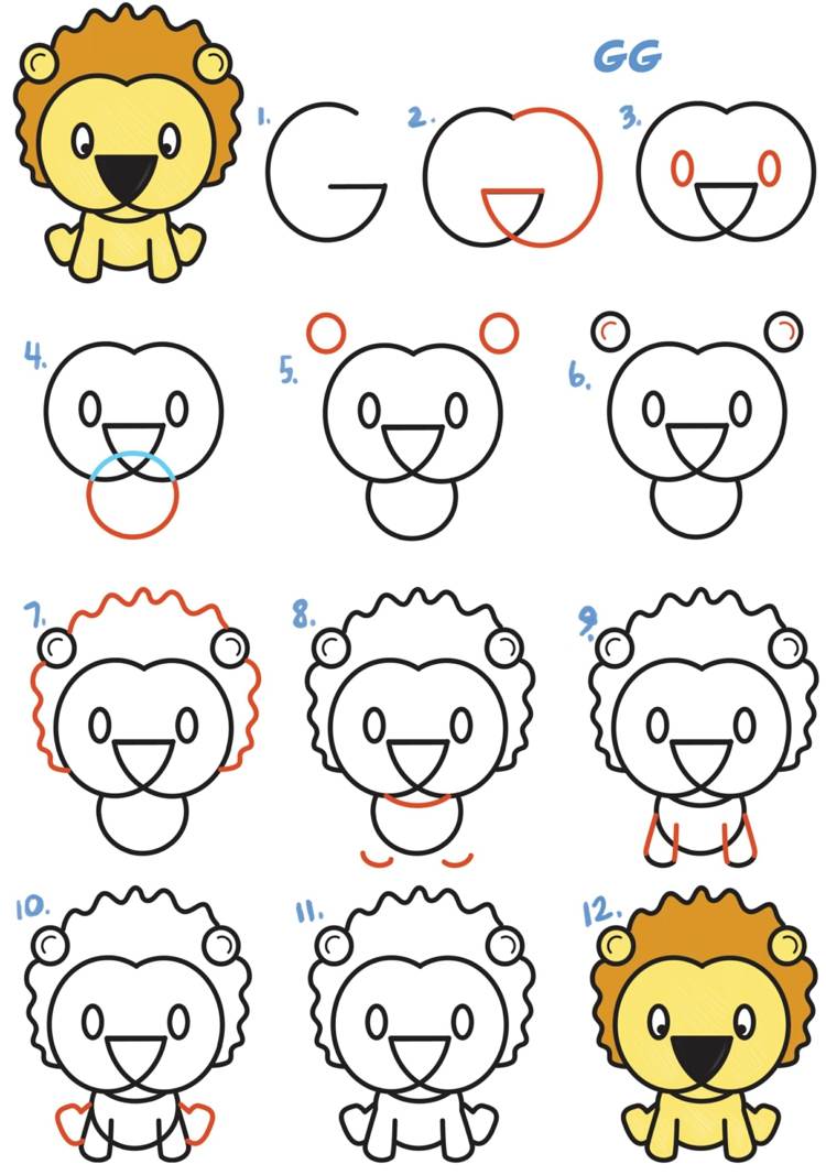 Kreslený lev čerpajúci z hlavy G z písmena G.