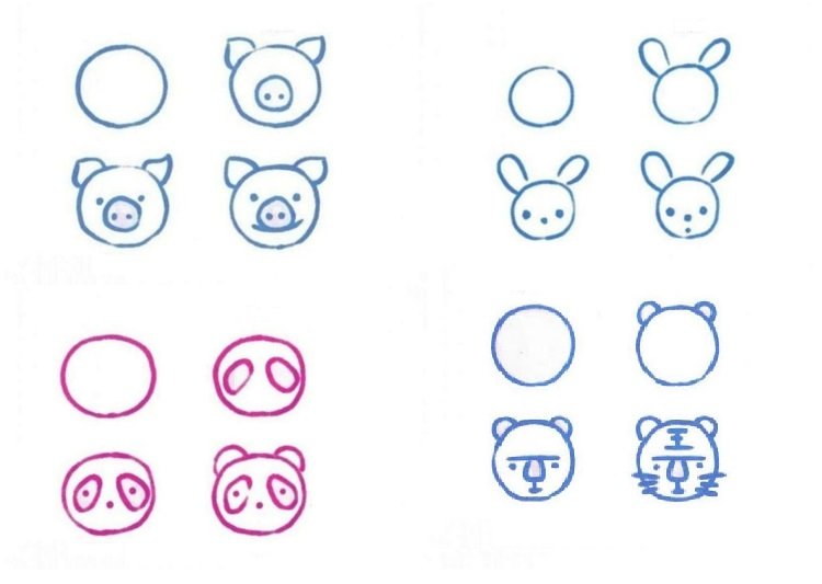 Namaľujte zvieracie tváre - pandu, prasa, králika a tigra