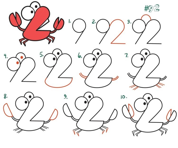 Z čísla 92 urobte kraba a zafarbite ho červenou farbou