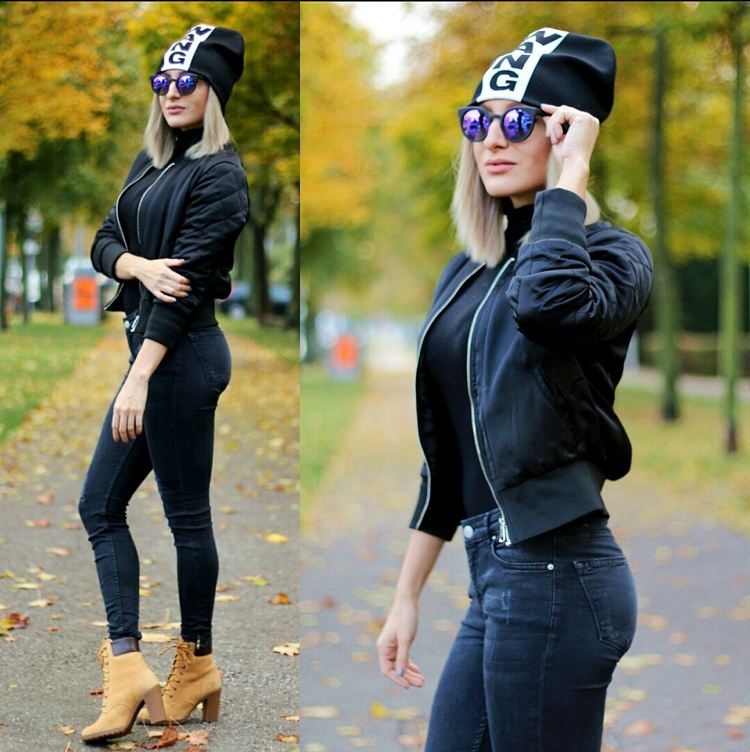 timberland topánky štýl outfit vysoké podpätky čierne úzke džínsy