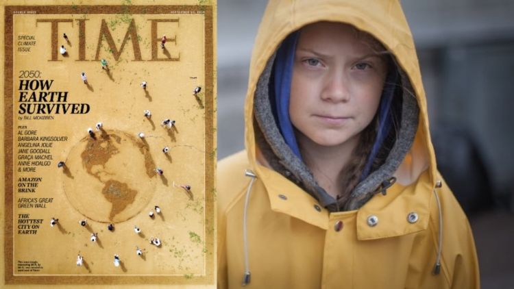 titulná strana časopisu času s greta thunberg oblečenou v žltej pláštenke