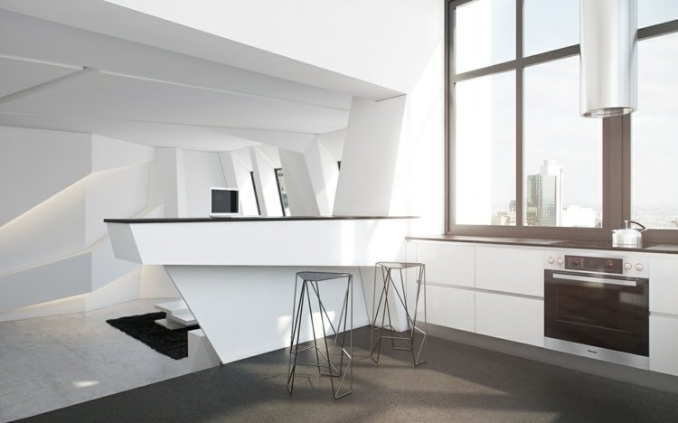 neobvyklý nábytok raňajky bar-barové stoličky-minimalistická-kuchyňa