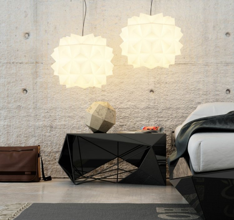 neobvyklý-nábytok-spálňa-nočná skrinka-abstraktný-čierny-vysoký lesk