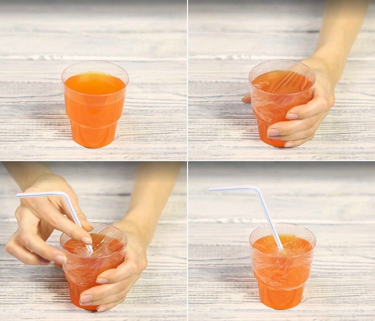 Pohár s potravinovou fóliou, aby sa zabránilo rozliatiu tipy-triky-hrnček pre domácnosť-priľnavá fólia na pitie filmu