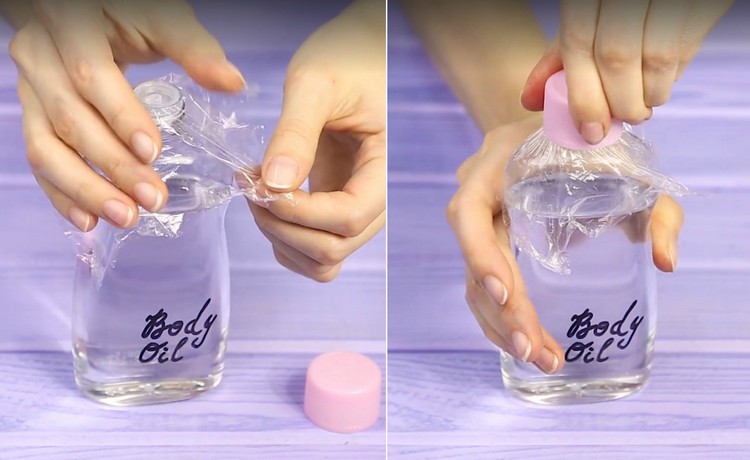 Telový olej zaistite v puzdre potravinovou fóliou proti rozliatiu tipy-triky-oblečenie do domácnosti-kufre-chrániť-pred-olejovými škvrnami-priľnavá fólia