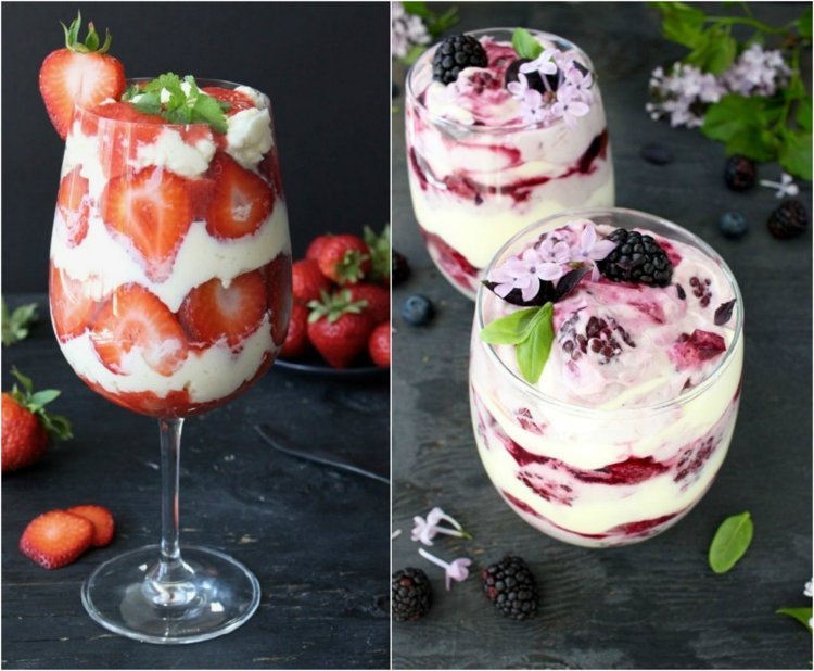 jahodový dezert tiramisu v pohári lesných plodov