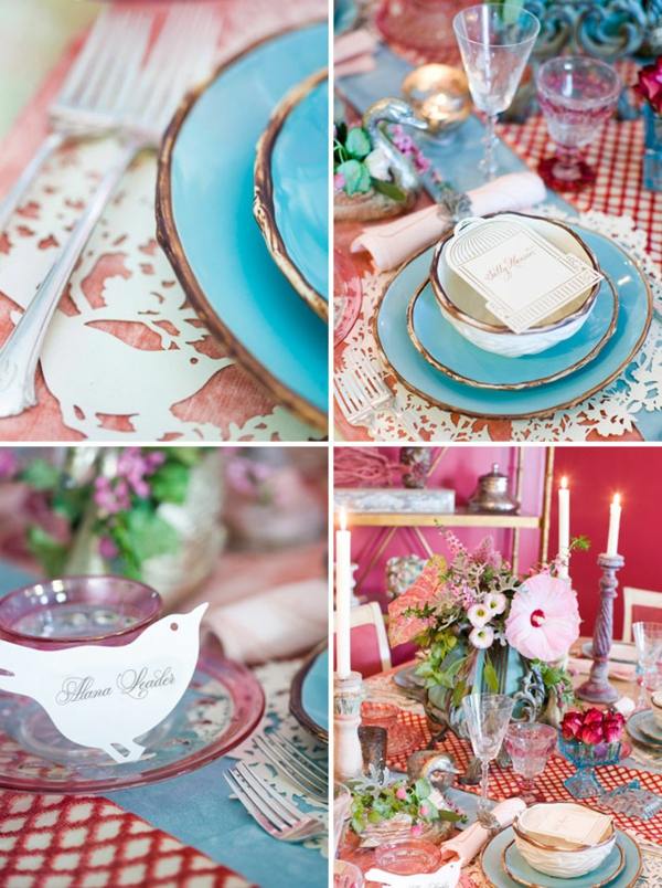 Nápady na dekoráciu stola vintage vzor vtáčieho vzoru Porcelánové príbory s nápadmi na dekoráciu stola a vintage designom s vtáčím vzorom