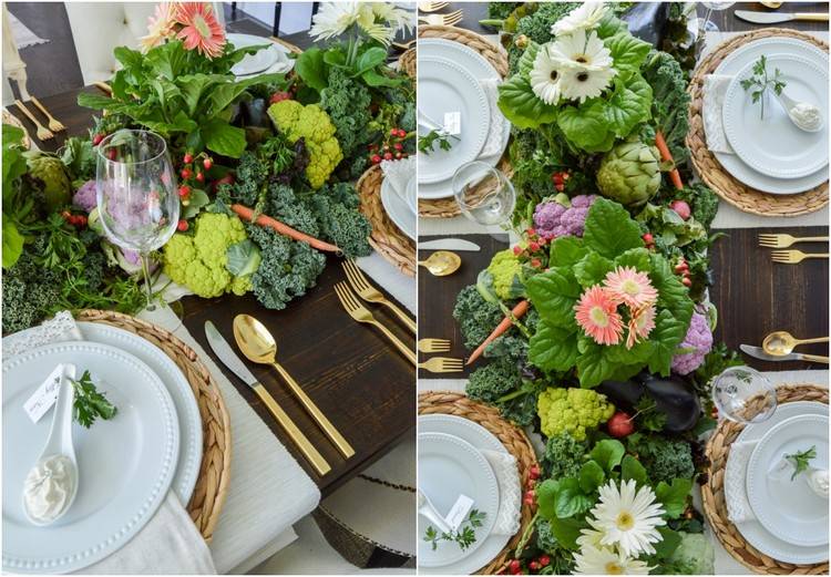 dekorácia stola so zeleninou nápad šalát kapusta kvety