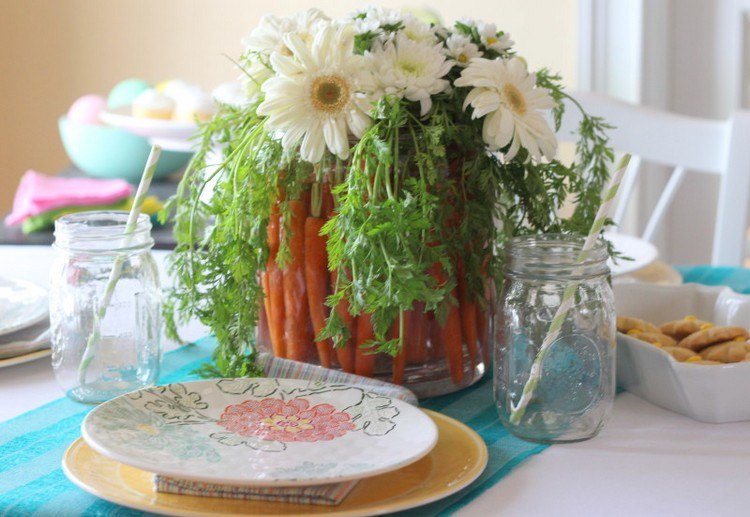 dekorácia stolu so zeleninou mrkva nápad veľkonočné