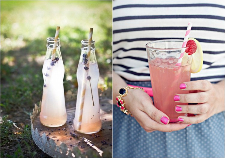 dekorácia stola-grilovačka-záhrada-osviežujúce nápoje-limonáda-levanduľa-farebné-slamky na pitie