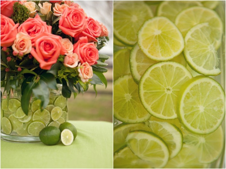 Kytica ruží v koraloch; Dekoratívny akcent - plátky limetky dekorácia stola-nápady-váza-kytica-ruže-limetková-koralová-zelená-obrus