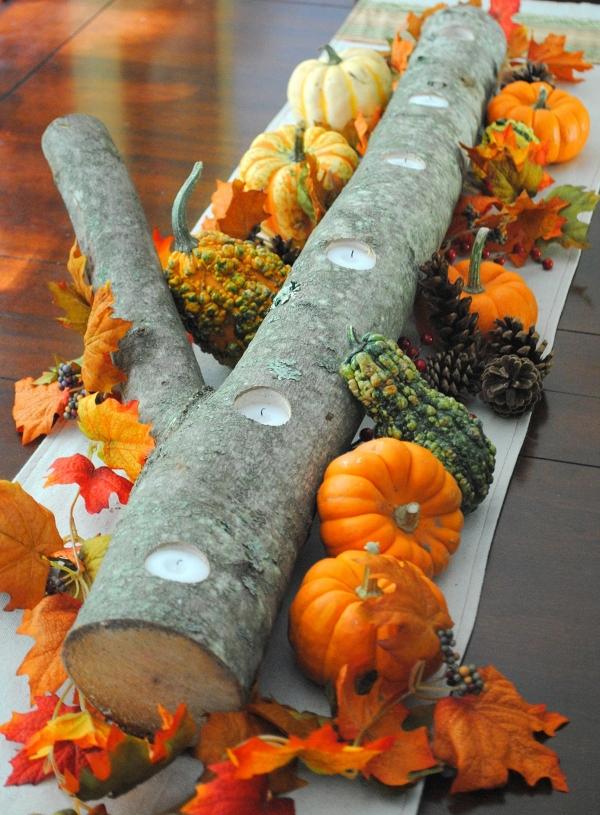 Prikrývka na stôl vo vetve stromu na konci leta DIY so sviečkami-dekoratívne tekvice-farebné lístie Neskoré leto-jeseň-farebné-nápadité-dekorácie na stôl-vidiecky štýl-konáre stromov-čajové svetlá-tekvice