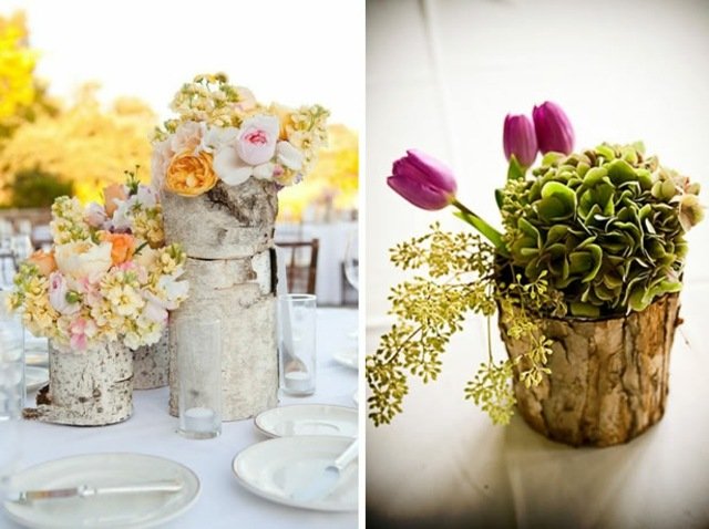 Svadobná rustikálna váza na kmeň stromu čerstvé kvety Kvetinová váza kmeň stromu čerstvé kvety na stole