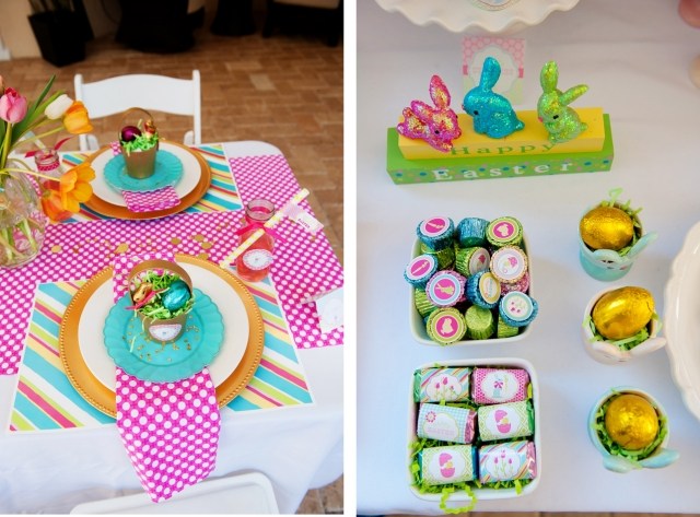 dekorácia na stôl veľkonočné čokoládové zajačiky tyrkysovo modrá ružová téma