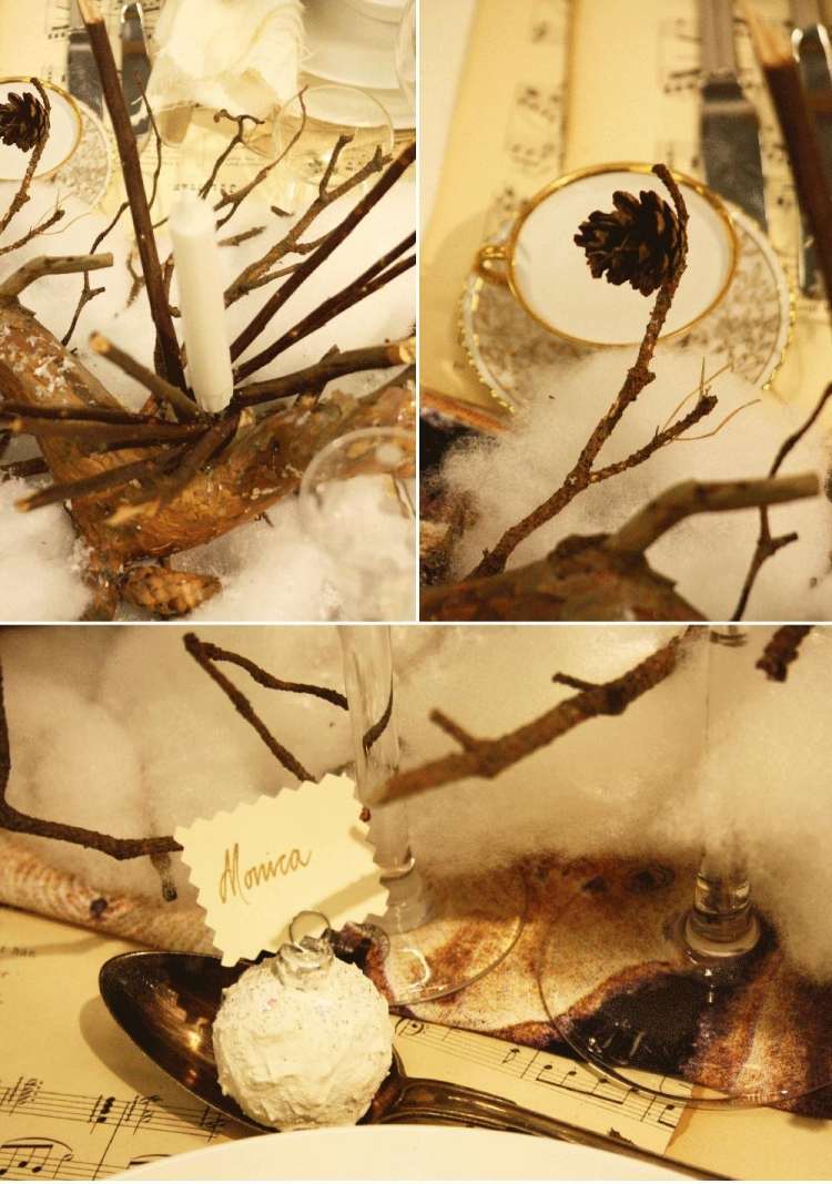 vyrobte si krásne vianočné dekorácie na stôl z prírodných materiálov dekorácia stolu-vianočné nápady-samozrejme-biela-vinobranie-príbor-vetvičky-šišky-vata