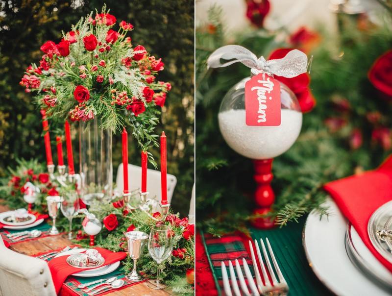 Dekorácie na stôl s ružami, vianočné ozdoby plné umelého snehu Stolná dekorácia na vianočné červeno-vysoké-sklenené-vázy-strieborné-svietniky-ruže