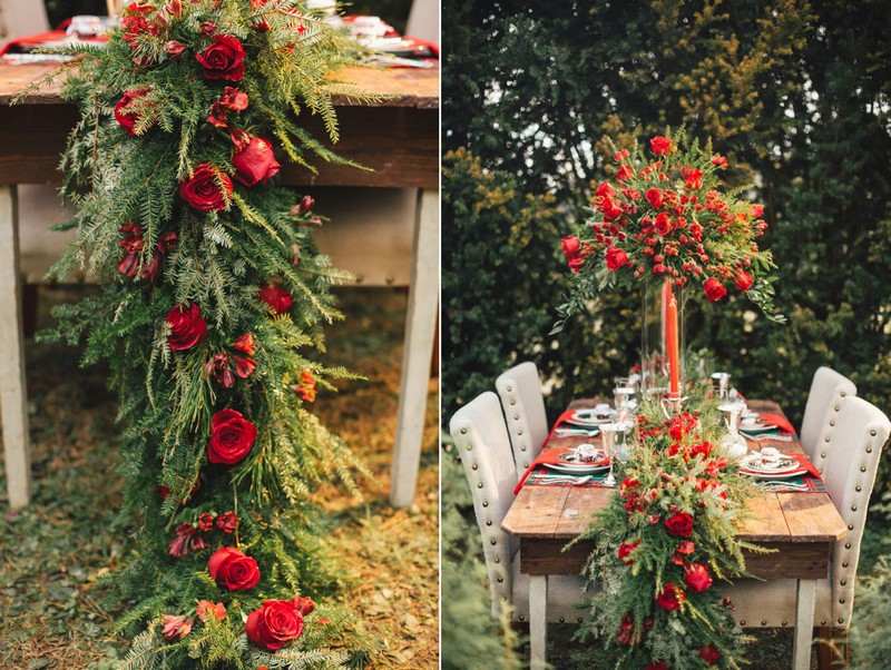 Vyrobte si bežce na stôl z prírodných materiálov - jedľových konárov a červených ruží Dekorácie na stôl pre vianočné jedľové konáre-nápady-rustikálny-záhradný stôl