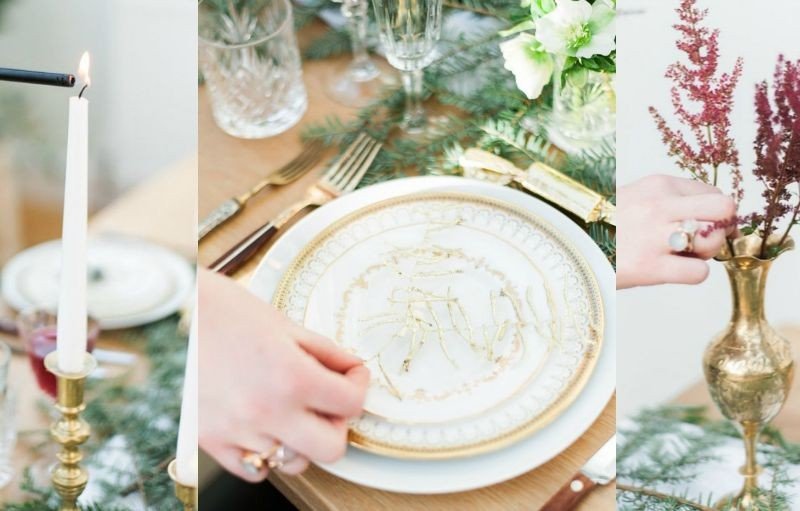 Vianočné dekorácie na stôl v zlatej a zelenej farbe Dekorácia stola Vianočné nápady tanier so zlatou niťou