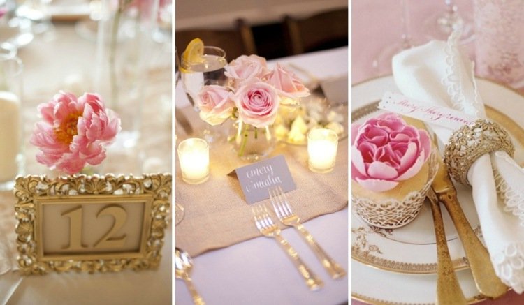 dekorácia stolu zlatá svadobná farba nápad ružový zlatý obrúsok obrúčky rám