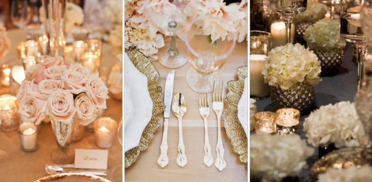 dekorácia stolu zlatá svadba romantika atmosféra vázy príbory ušľachtilé striebro