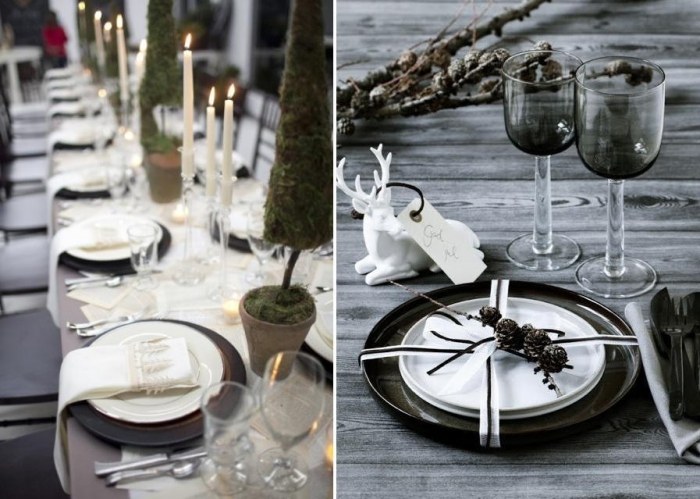 Vianočné ozdoby na stôl v čiernobielych svietnikoch z krištáľového skla a figúrok jeleňov vianočná dekorácia-stôl-v-čierno-bielom-mieste-karta-stojan-jeleň-figúrka-sviečka