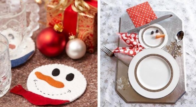 Úprava vianočného taniera snehuliak-pohár-tácky-plsť-vianočné dekorácie-ručné práce-vianočný stôl