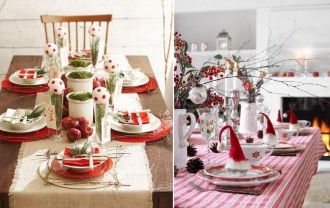 Vianočné dekorácie na stôl v červenej a bielej farbe vianočné nápady-obrus-károvaný vzor-bielizeň-behúne-stolu-čerstvé-zelené stonky
