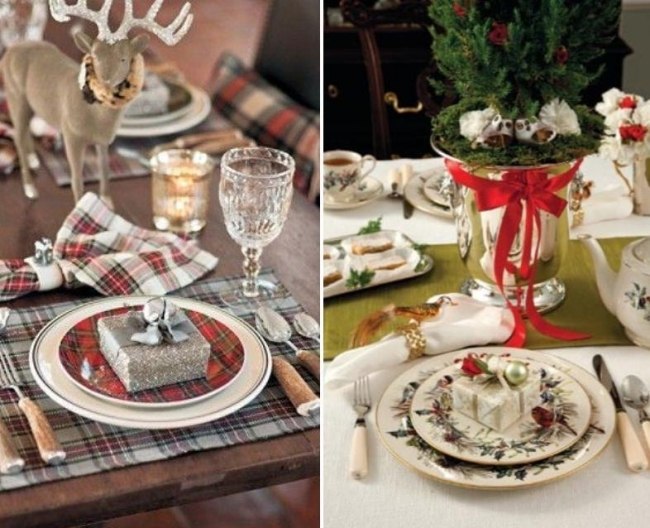 Nápad na dekoráciu stola - jedlá so vzormi vianočný stôl-dekorácia-malé-darčeky-na-tanieroch-dekorácia jeleňa-figúrka