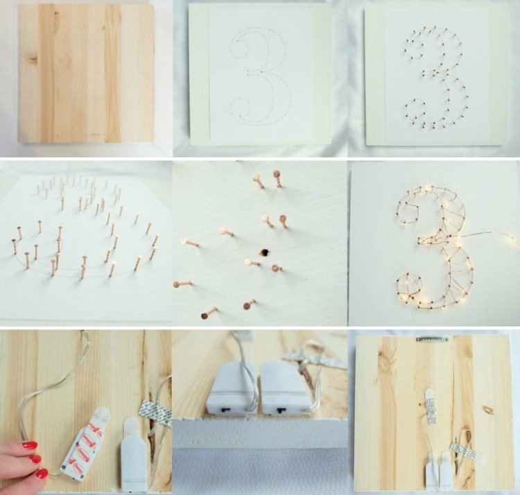 čísla stolov-svadobné-žiarovky-osvetlenie-dekorácie na stôl-originál-drevená-doska-návod