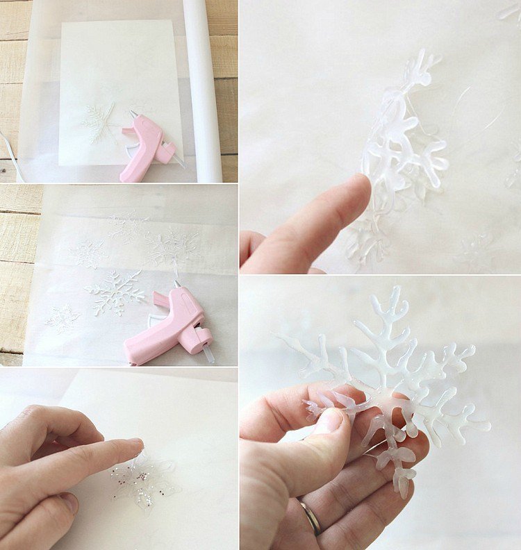 Skvelé nápady na remeslá snehové vločky-horúca lepiaca pištoľ-papier na pečenie-drotárstvo-vianočné dekorácie