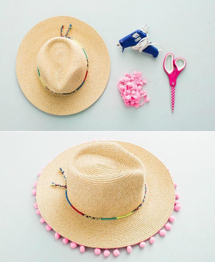 skvelé-remeselné nápady-horúce lepidlo-pompony-nožnice-plážový klobúk-okoreniť-jednoduchý-nápad