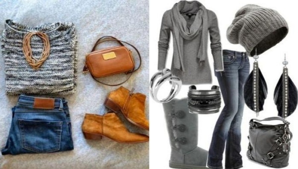 každodenné hnedé šedé šperky strieborný náhrdelník džínsy sveter klobúk šatka správny outfit každodenné hnedé sivé šperky strieborné rifle