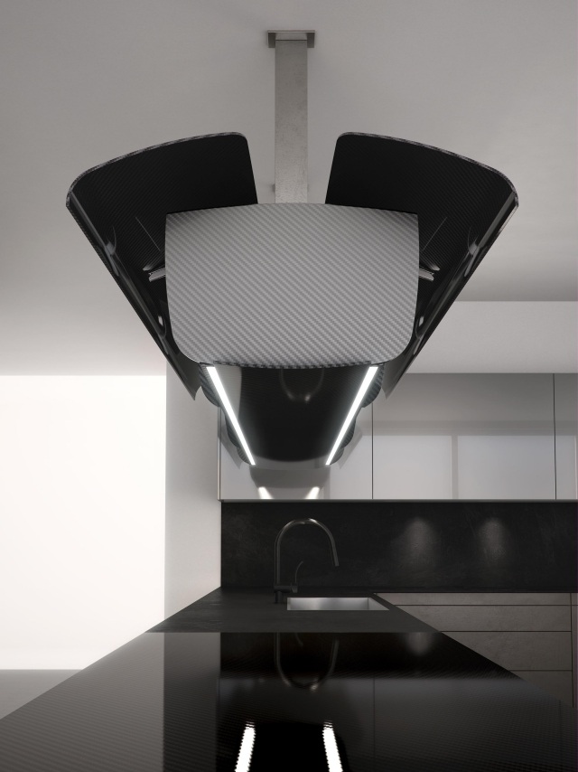 Špičková kuchynská digestor s polostrovom z uhlíkových vlákien